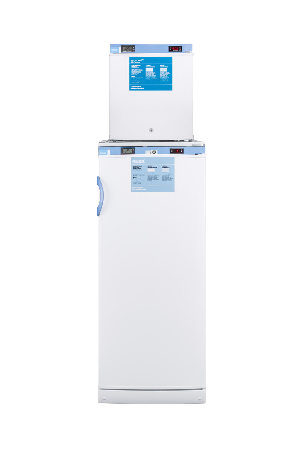 Stacked combination of FFAR10MED2 auto defrost all-refrigerator and FS24LMED2 compact manual defrost all-freezer, both with locks, digital controls, and NIST calibrated alarm/thermometers